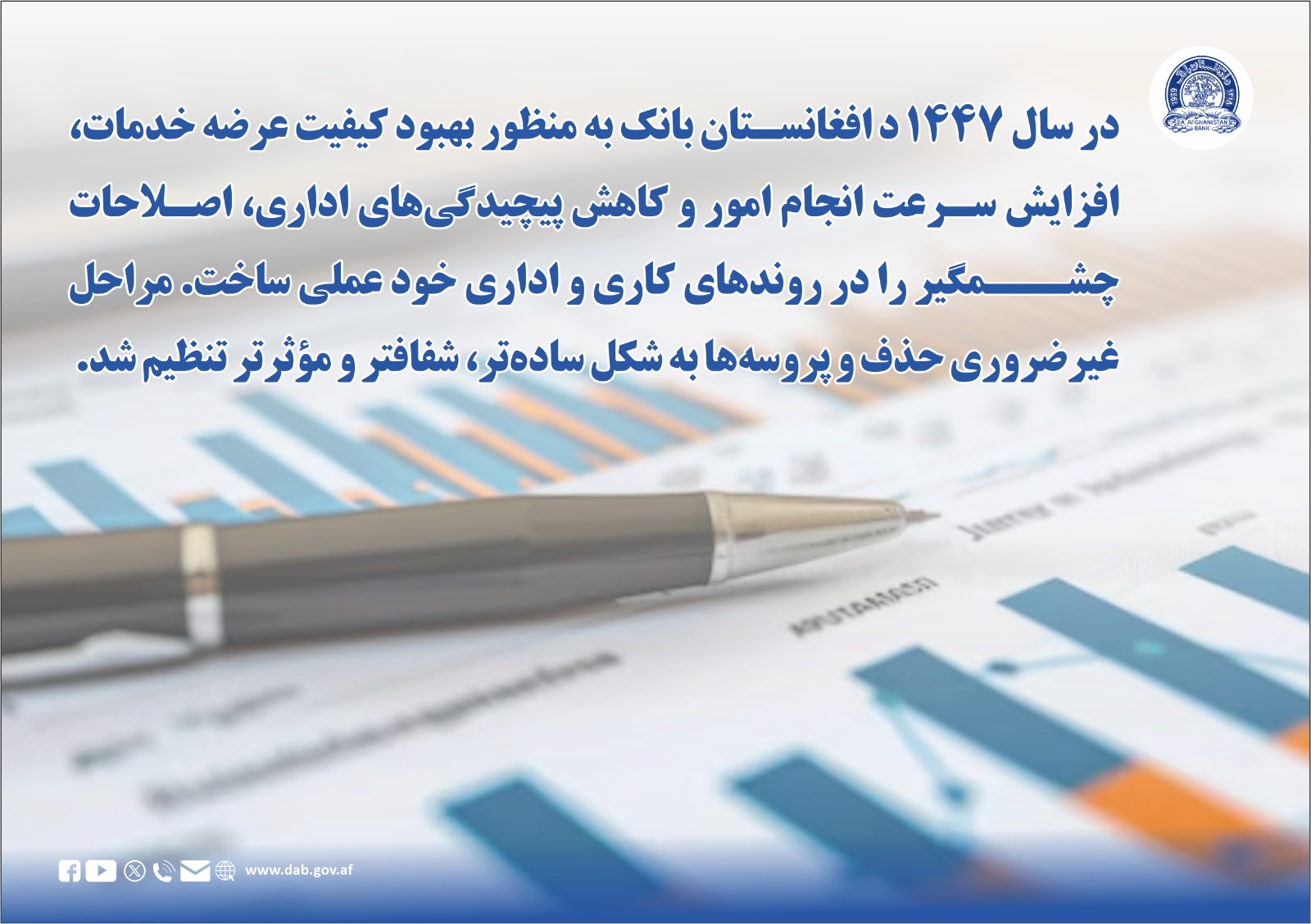 در سال ۱۴۴۷ د افغانستان بانک به منظور بهبود کیفیت عرضه خدمات افزایش سرعت انجام امور و کاهش پیچیده گی های اداری