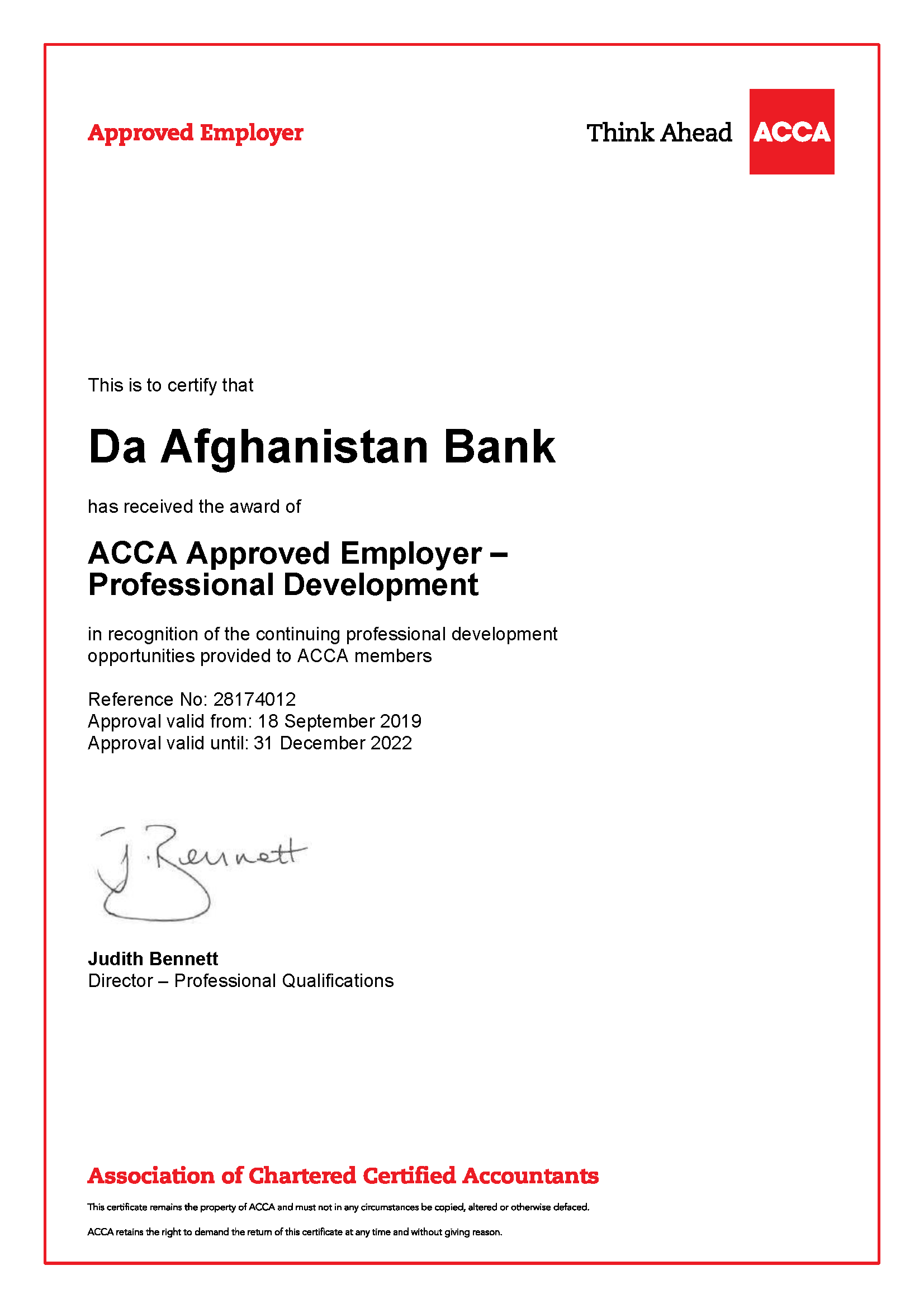 افغانستان بانک د ACCA د کارفرما په توګه ومنل شو