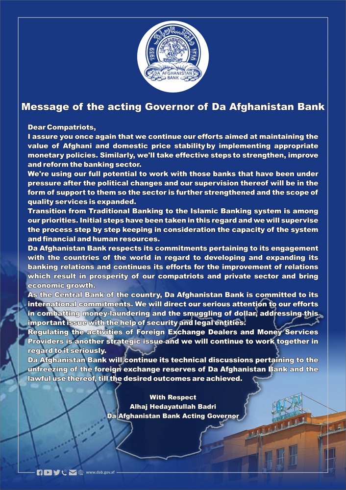 Message of the acting Governor of Da Afghanistan Bank