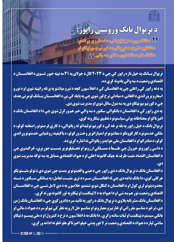 “د نړیوال بانک وروستی راپور: ”د انفلاسیون د نرخ ټیټوالی، د اسعارو پر وړاندې د افغانیو د ارزښت لوړوالی، د کورنیو بیو ټیکاو او د افغانستان د بانکدارۍ سکتور ښه والی