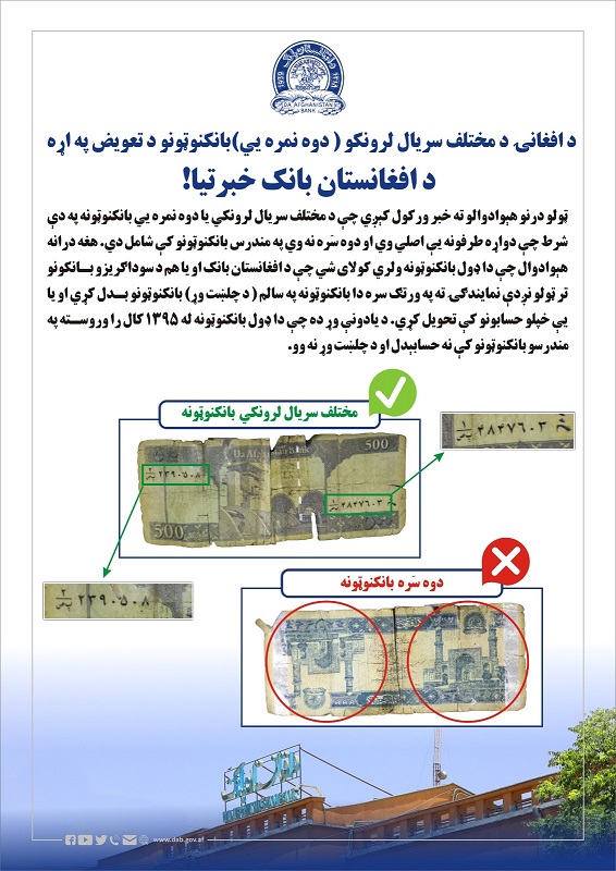 د افغانۍ د مختلف سریال لرونکو (دوه نمره یي) بانکنوټونو د تعویض په اړه د افغانستان بانک خبرتیا!