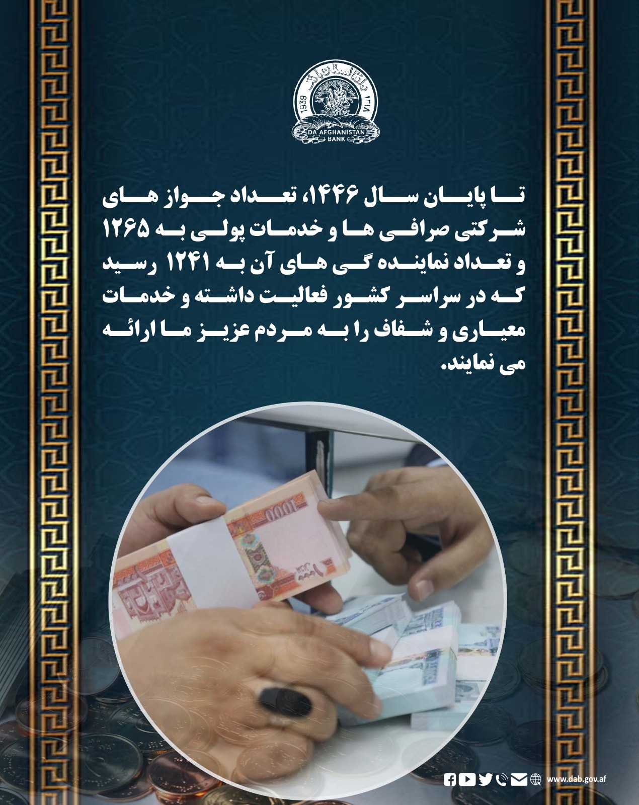 تا پایان سال ۱۴۴۶، تعداد جواز های شرکتی صرافی ها و خدمات پولی به ۱۲۶۵ و تعداد نماینده ګی های آن به ۱۲۴۱ رسید که در سراسر کشور فعالیت داشته و خدمات معیاری و شفاف را به مردم عزیز ما ارائه می نمایند