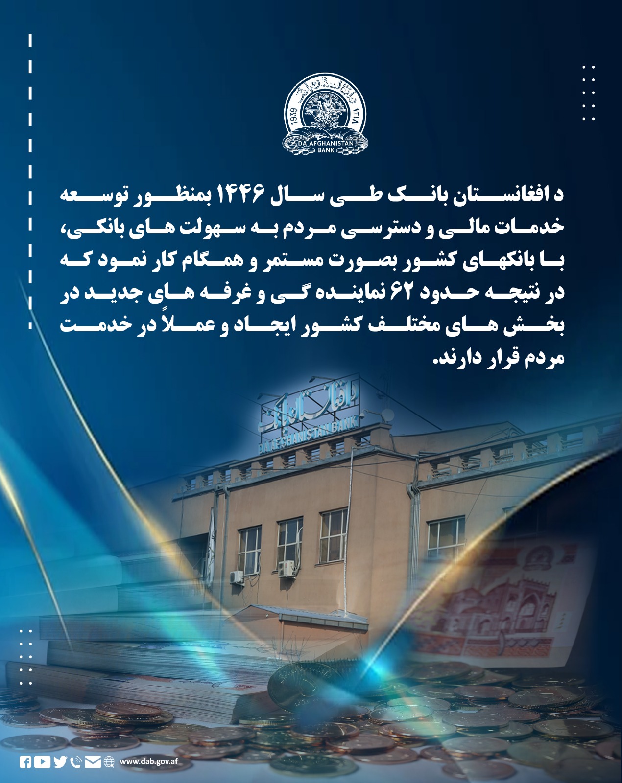 د افغانستان بانک د ۱۴۴۶ کال په اوږدو کې د مالي خدمتونو د پراختیا او بانکي آسانتیاوو ته د خلکو د لاسرسي په موخه، د هېواد له بانکونو سره دوامداره او نږدې کار کوي 