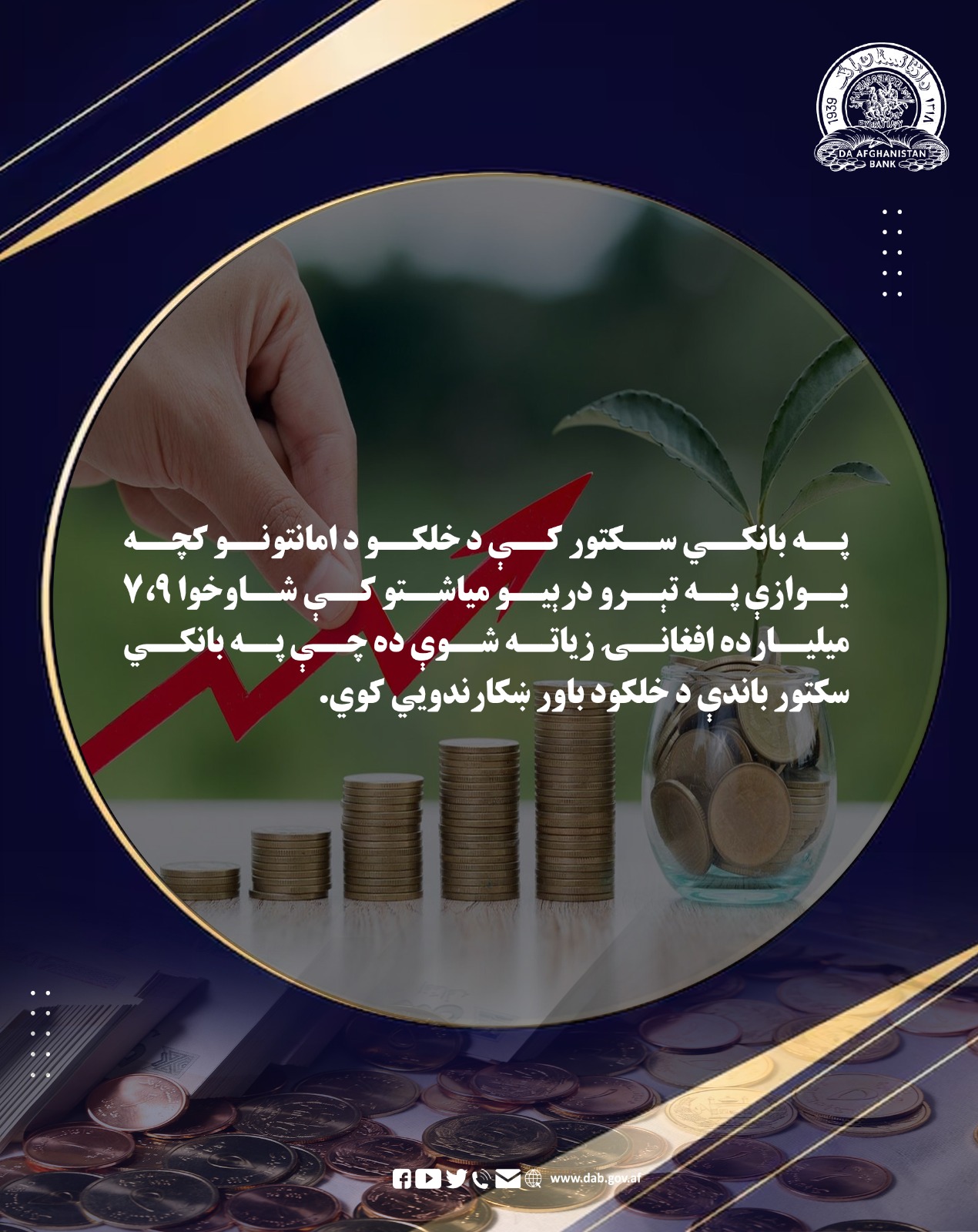 په بانکي سکتور کې د خلکو د امانتونو کچه یوازې په تېرو درېیو مساشتو کې شاو خوا ۷.۹ میلیارده افغانۍ زیاته شوې ده چې په بانکي سکتور باندې د خلکو د باور ښکارندویي کوي.
