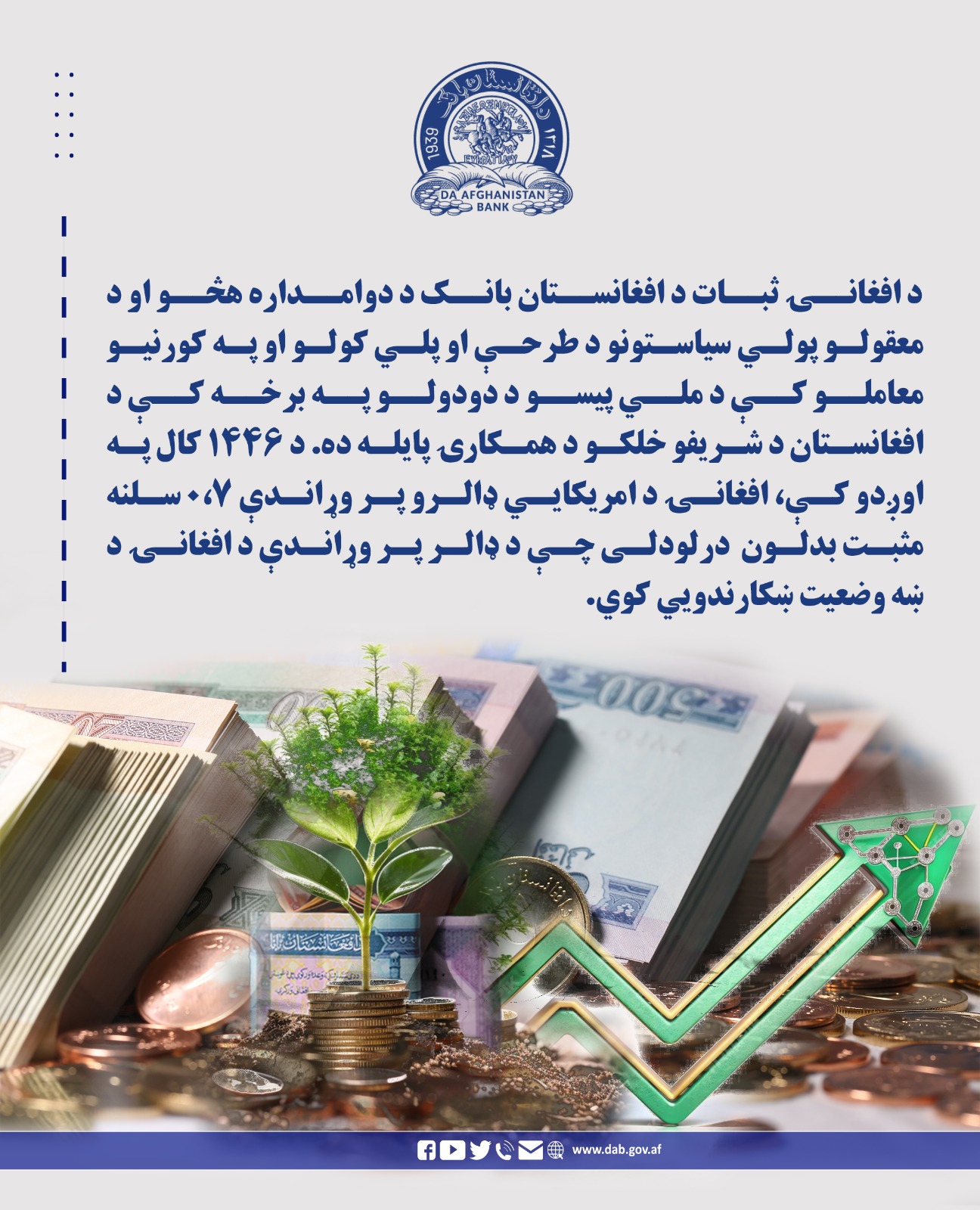 د افغانۍ ثبات د افغانستان بانک د دوامداره هڅو او د معقولو پولي سیاستونو د طرحې او پلي کولو او په کورنیو معاملو کې د ملي پیسو د دودولو په برخه کې د افغانستان شریفو خلکو د همکارۍ پایله ده.